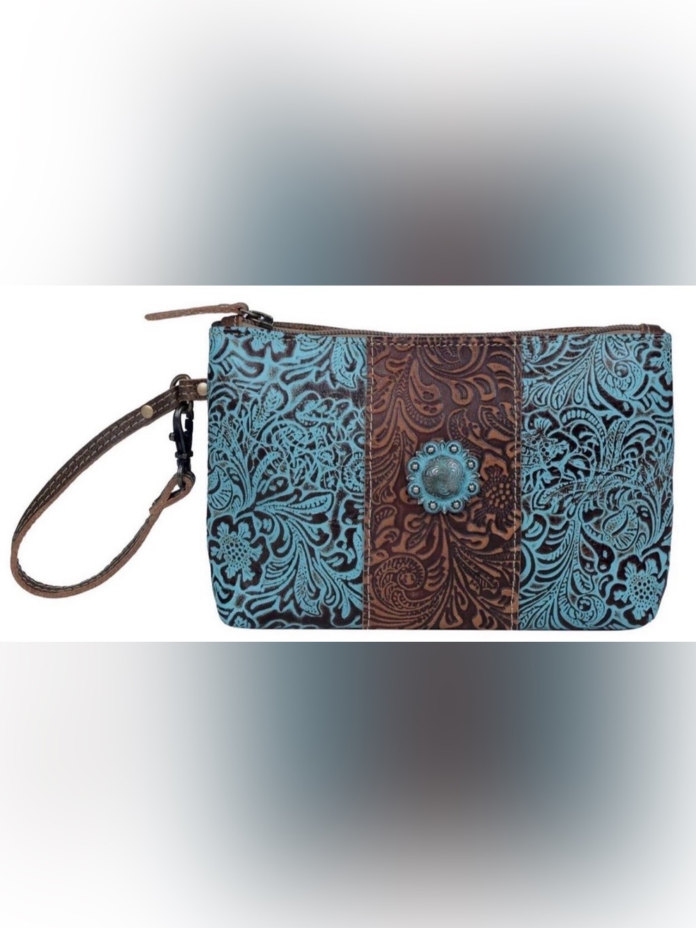 MYRA Aqua Tooled Leather Wristlet - Picture 5 of 5